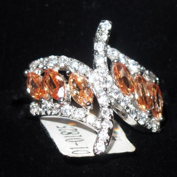Stunning Lady's Artisan 925 Sterling Silver Ring w/ Amber and Clear CZ's - Picture 2 of 4